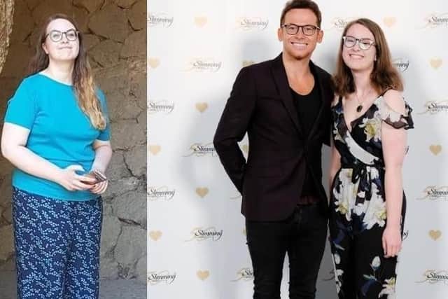 Eleanor Brown left before her weight loss and right with Joe Swash celebrating her weight loss