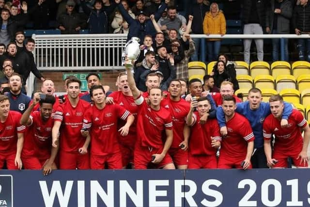 Aylesbury Flooring FC celebrate their win in the FA Sunday Cup - photo courtesy of Sports Shots