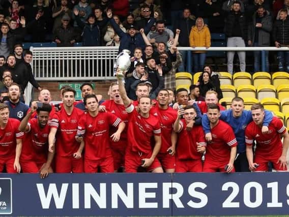 Aylesbury Flooring FC celebrate their win in the FA Sunday Cup - photo courtesy of Sports Shots
