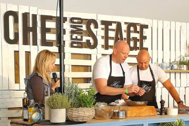 Tom Kerridge gives a cooking demonstration