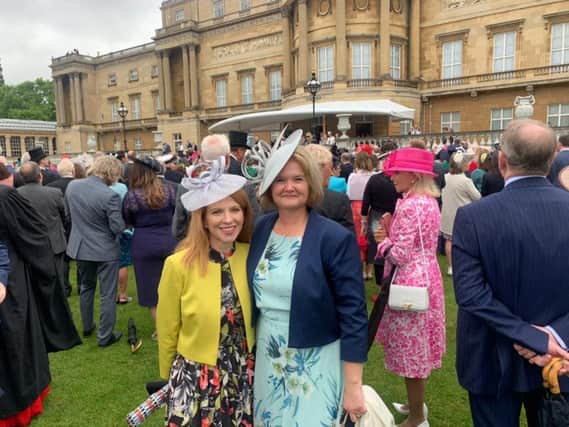 Tori Roddy and Andrea McCubbin at a royal garden party to celebrate Buckinghamshire Mind winning a Queen's Award