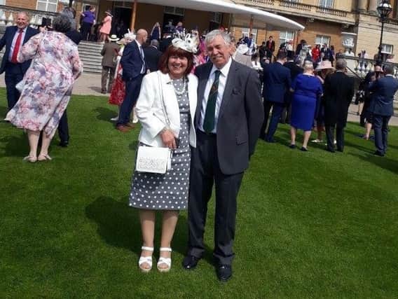 Pauline and John Claridge at the royal garden party held at Buckingham Palace