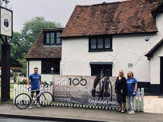 From L-R: Scannaride100 Richard Morrison, Assistant Manager of Beech House Beaconsfield, Alice Chapman of The Polecat Inn and Karen Shardlow of Scannappeal