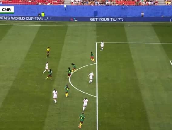 A still image showing Ellen White (centre of the pitch) to be onside as she scored against Cameroon yesterday