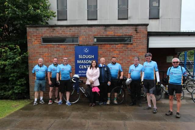 The Buckingham Freemasons cycling team pictured outside the masonic centre in Slough