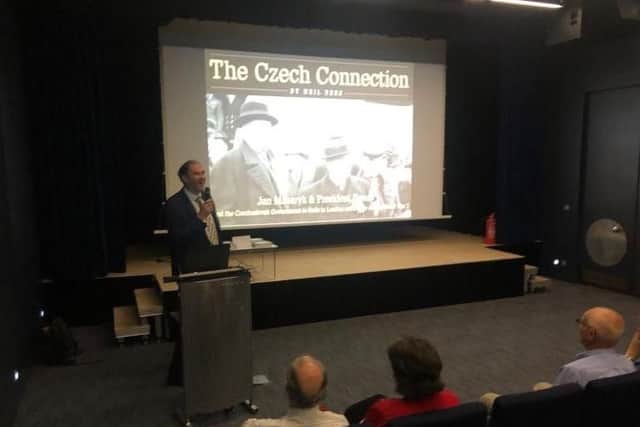 Neil Rees speaks about his new book The Czech Connection during a talk at the Czech Embassy in London