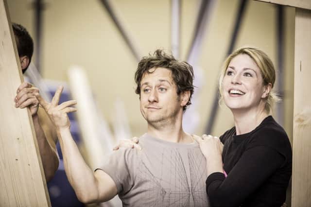 Barnum. Christopher Fitzgerald (Barnum) and Tamsin Carroll (Chairy) in rehearsal. Photo by Johan Persson.