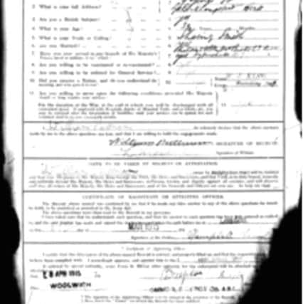 Original enlistment paper used by William James Puttnam when signing up to the First World War PNL-140711-142950001
