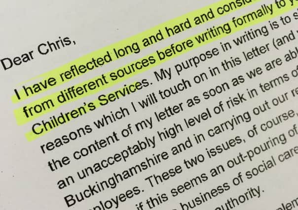 The letter sent by Sue Imbriano to Chris Williams in January and obtained by The Bucks Herald