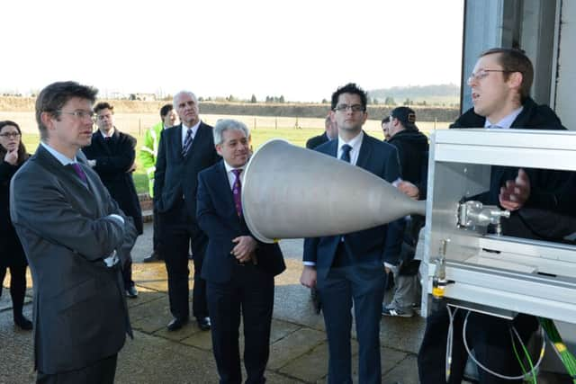 Greg Clark MP visits Westcott Venture Park to sign Growth Deal Agreement. From the left, Greg Clark MP, John Bercow MP, Rob Selby, MOOG and Dr. Ian Coxhill, MOOG, talk rockets. PNL-150901-135809009