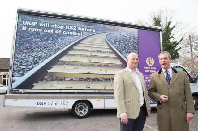 Nigel Farage and Chris Adams unveill their anti-HS2 at Wendover Railway Station
