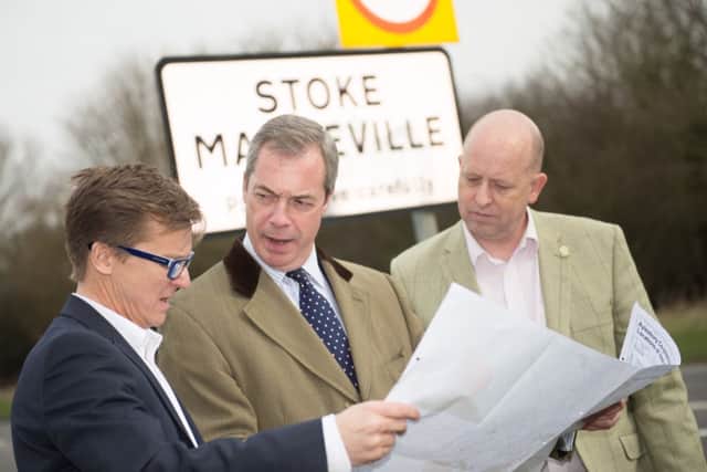 Nigel Farage visits Stoke Mandeville where HS2 would cut through. Pictured are Phil Yerby, Nigel Farage and Chris Adams