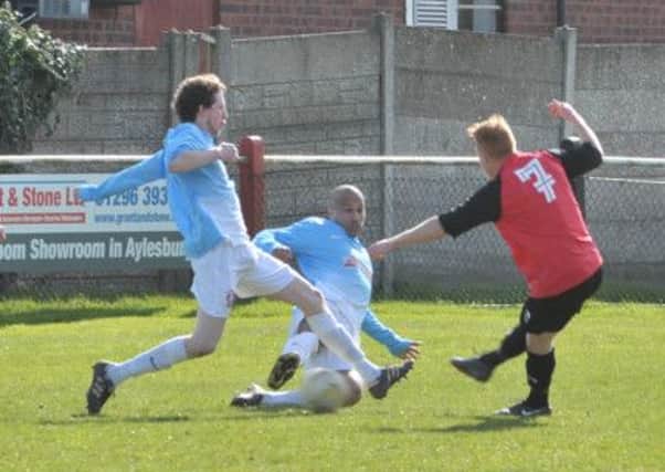 Ollie Hogg fires home with Trings equaliser against Wembley. Picture (c) Colin Sturges