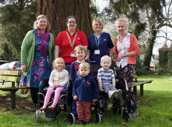 Pictured L-R: Karen Day (Nursery Manager) Hannah Giles (Ward Play Specialist) Zoe Butler (Ward Manager) Kate OConnor (Nursery Principal) Children: Middle: Verity Williams, Zane Gardner, Tyler Jackson, front: Barney Hermon NNL-150428-165709001