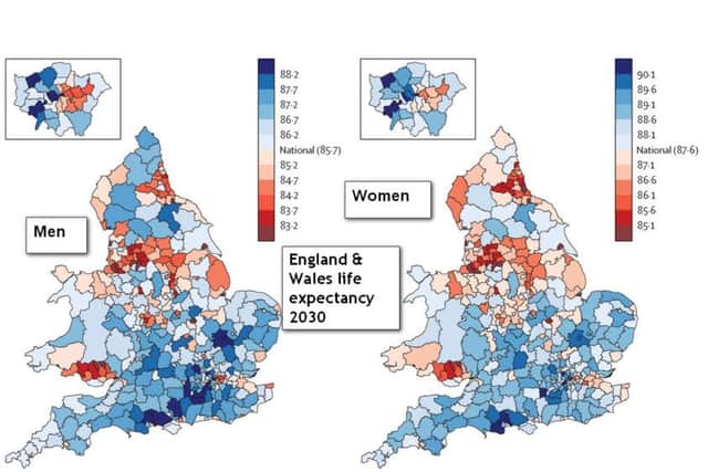 Life expectancy in England and Wales' districts for men and women in 2030. Credit: The Lancet
