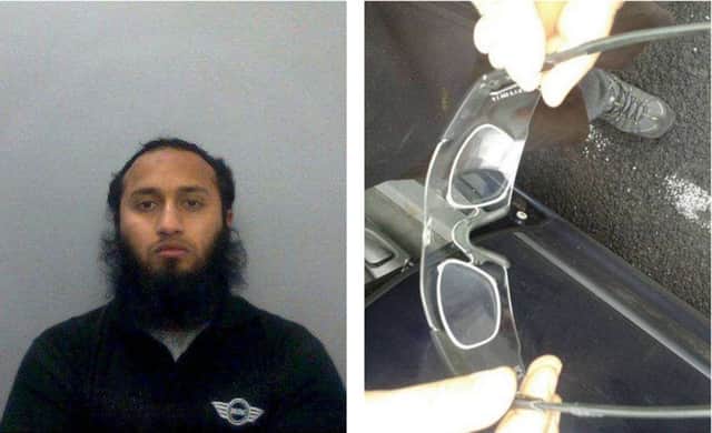 Mohammed Saboor and, right, the protective eye wear he tried to supply Islamic State