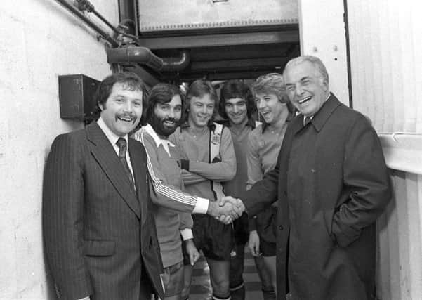 Left to right, Barry Fry, George Best, Andy King, Peter Anderson, Alan West and former Luton Town manager Harry Haslam