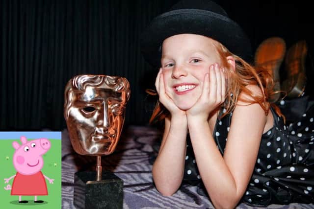 Harley Bird with her BAFTA and Peppa Pig, inset