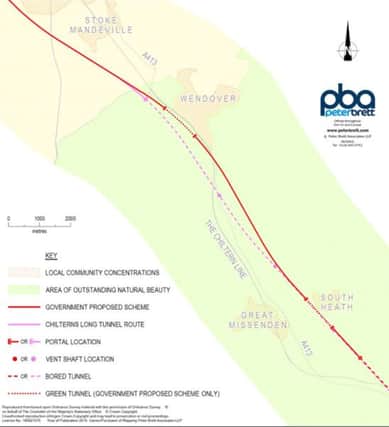 Map showing proposed HS2 route through Bucks and the alternative long tunnel proposed by Bucks County Council