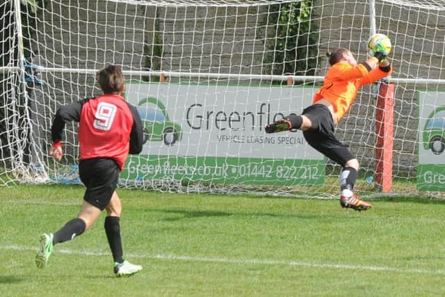 Chris Vardy watches Tring's second goal scored by Sam Jolliffe past goalkeeper Jordan I'Anson
