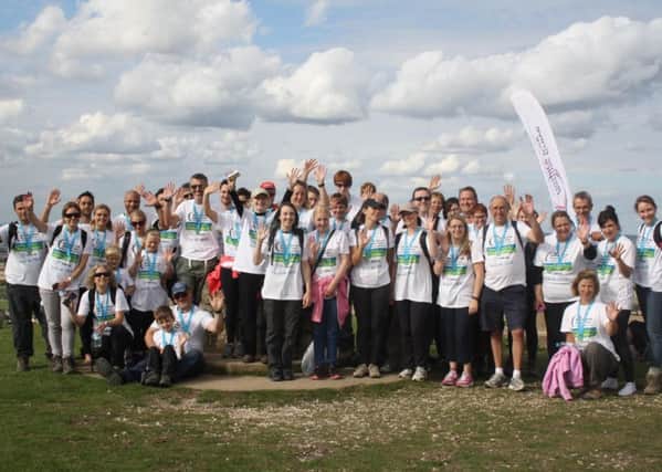 Nine-mile and 18-mile walkers at the summit of Ivinghoe Beacon for Rennie Grove Hospice Care's annual Three Peaks Challenge, September 2015