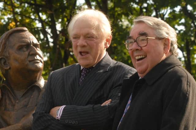 Sir David Jason shares a joke with Ronnie Corbett at the unveiling of the Ronnie Barker statue outside Aylesbury Waterside Theatre