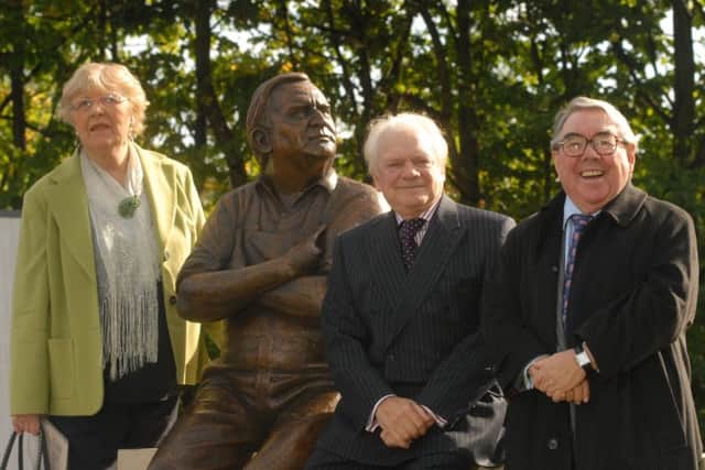 Mrs Joy Barker with Ronnie Corbett and Sir David Jason at the Ronnie Barker statue in Aylesbury
