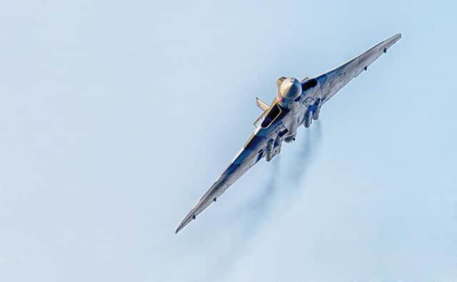 Vulcan flying over Gaydon in Warwickshire. By Mike Baker.