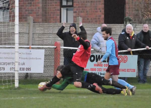 Sam Joliffe bagged Tring's third goal from close range. Picture (c) Colin Sturges