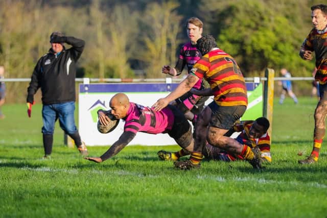 Liam d'Almeida dives over for the first try. Picture by Mark Bannister Photography.