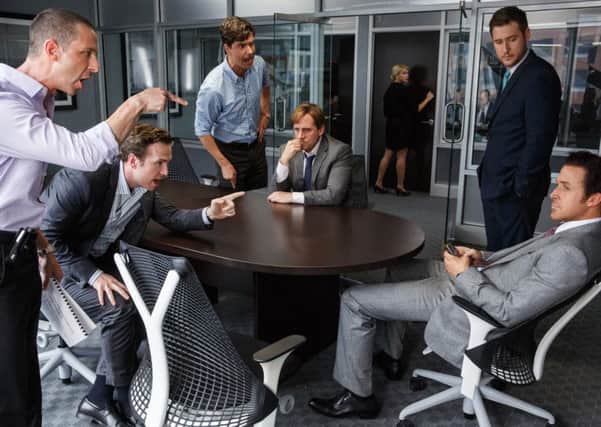 Jeremy Strong plays Vinnie Daniel, Rafe Spall plays Danny Moses, Hamish Linklater plays Porter Collins, Steve Carell plays Mark Baum, Jeffry Griffin plays Chris and Ryan Gosling plays Jared Vennett in The Big Short