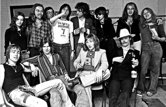 Mott in the Friars Dressing Room at the Friars 7th birthday party in June 1976. Buffin is sitting in centre. Also in photo are other members of Mott, Kris Needs, John Otway, Paul Kendall and Magenta Devine. Picture by Geoff Tyrell.