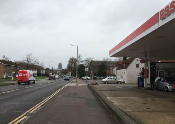 Wendover Road in Aylesbury. In the foreground the Esso petrol station, to the left, the street where the crime took place and behind the Esso petrol station (after the white Broad Leys Pub), Thames Valley Police's Aylesbury HQ
