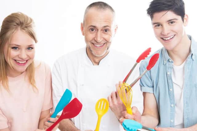 Georgia Lock with Michel Roux Jr and fellow Evermore co-star Finney Cassidy on the set of First Class Chefs