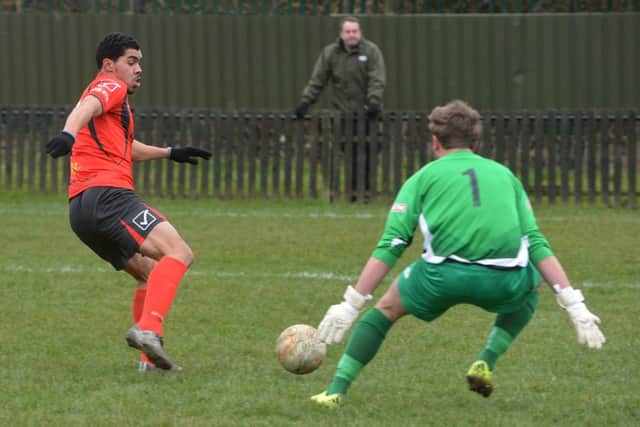 Lynton Goss is denied by Leighton goalkeeper Bradley Kirkwood (pictures by Jake McNulty)