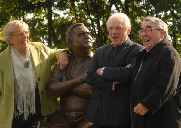 Sir David Jason shares a joke with Joy Barker and Ronnie Corbett at the unveiling of the Ronnie Barker statue outside Aylesbury Waterside Theatre