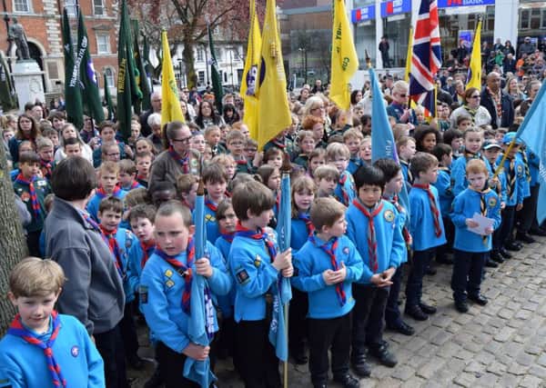 The Scouts in Aylesbury's Market Square during the parade. Picture by Maurice Cousins.