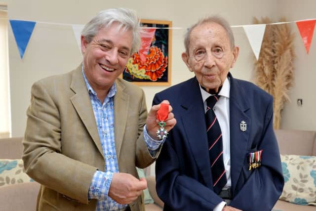 Sidney Peachey from Princes Risborough receives his Legion D'Honneur medal from John Bercow MP. PNL-161106-224807009
