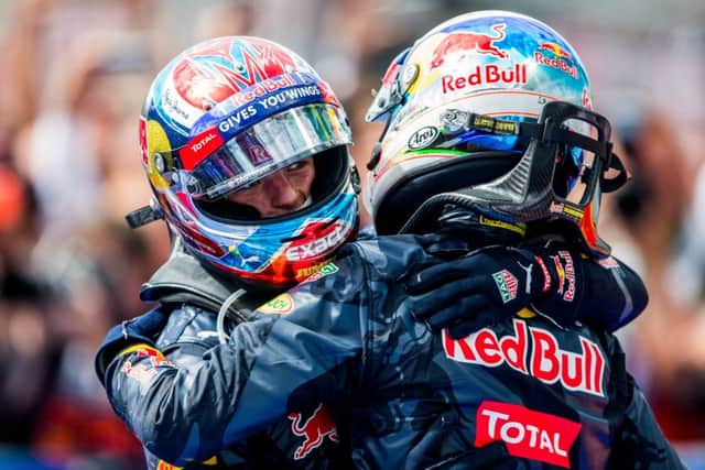 Max Verstappen celebrates Red Bull's double podium finish with team-mate Daniel Ricciardo