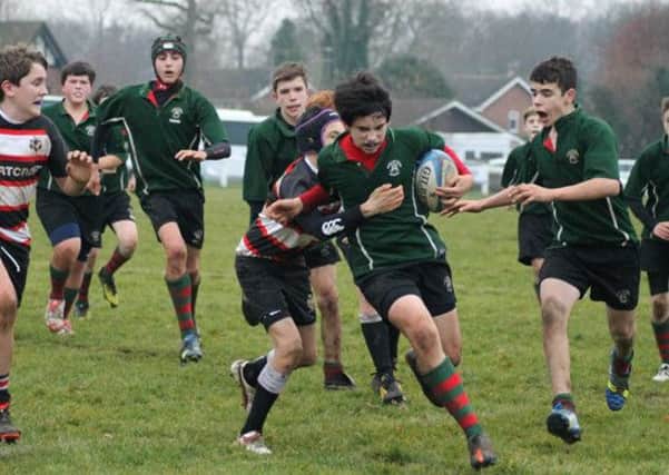 Akeley Wood School's U14 rugby team playing in the Bucks County Cup final