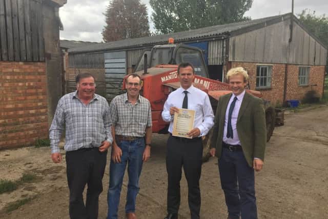 Meeting of farmers and NFU with MP: from left host farmer Nigel Stacey, Nigel Richards, Mark Lancaster MP and Tom Deeley