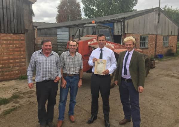 Meeting of farmers and NFU with MP:  from left host farmer Nigel Stacey, Nigel Richards, Mark Lancaster MP and Tom Deeley