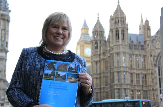 Baroness Scott outside Parliament with the business case for Buckinghamshire Council