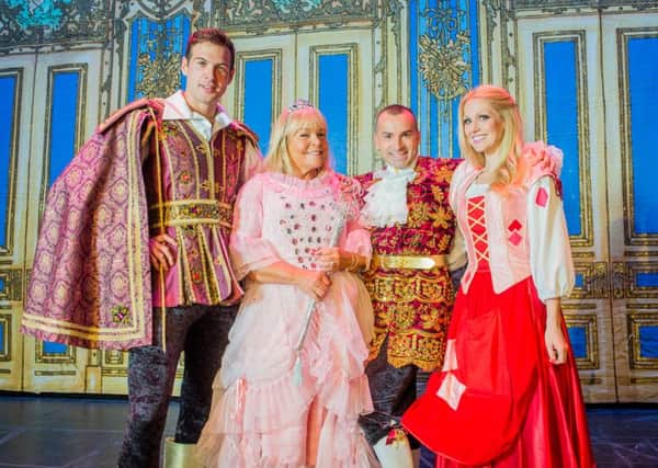 Wycombe Swan's 2016 pantomime, Cinderella with, from left to right: Luke Kelly as Prince Charming, Linda Robson as the Fairy Godmother, Louie Spence as Dandini and Sarah Vaughan as Cinderella.
