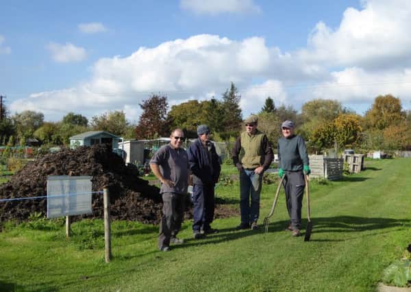 Members of Ashbrook Allotment Association in Wendover.  From left to right, shareholder Graham Newman, shareholder Robin Beattie, visiting farmer Geoff Brunt and association secretary John Currell. Picture copyright Heather Jan Brunt
