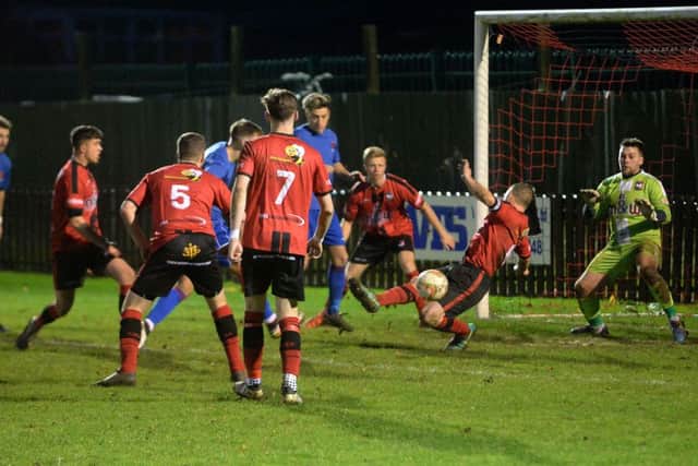 Ben Stevens thwarts Kempston in the FC area. Picture: Jake McNulty