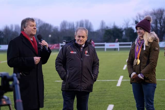 RFU CEO Ian Ritchie officially opens the new pitch with Bucks RFU Chairman Chris McCombie & local Paralympic Champion Pamela Relph MBE. Picture: MarkBannisterPhotography.com