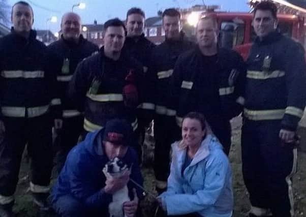 Jude the dog with owner Georgina Locke after being rescued by firefighters from under a manhole cover in Bedgrove