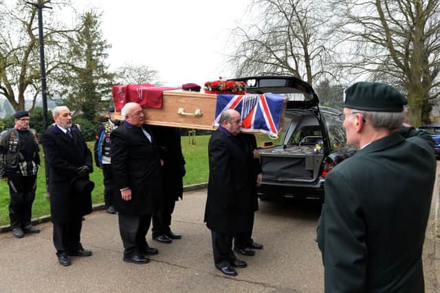 The funeral of Denis Cruse, Para, of Buckingham, with a Para and RBL Riders guard of honour. The Church of St Peter and St Paul, Buckingham. Friday 10th Feb 2017. PNL-171002-142419009