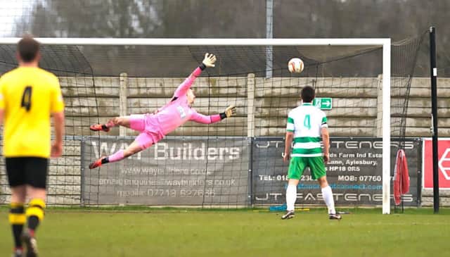 Zaki Oualah is given no chance as Kempston double their lead. Picture by Mike Snell